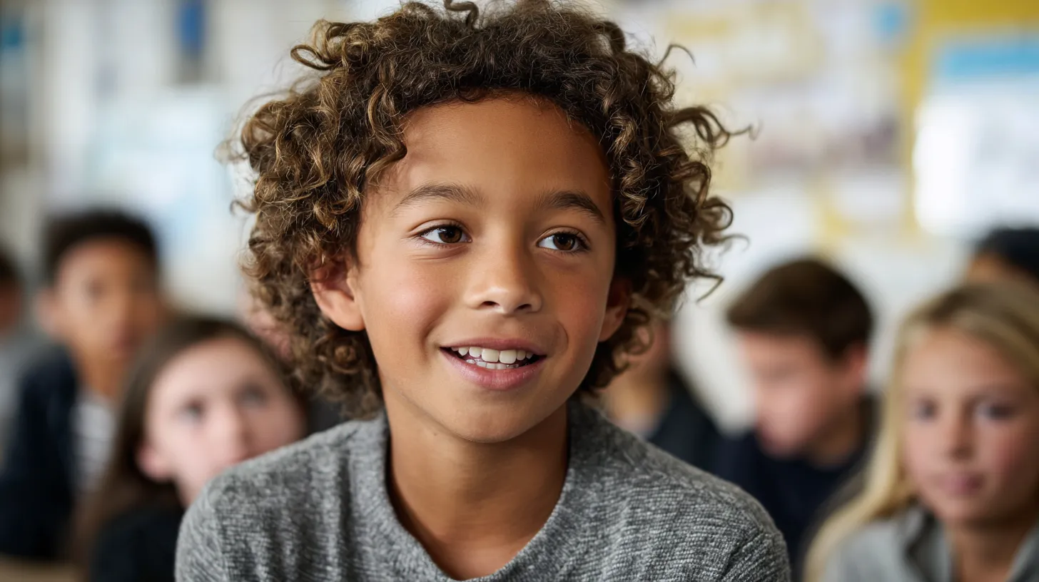 Smiling child speaking confidently with classmates