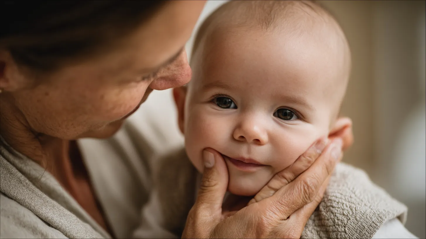 Therapist gently supporting a baby during a developmental wellness assessment