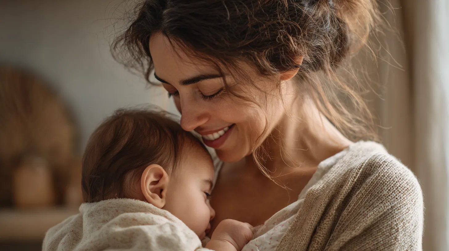 A parent holding a baby close, cheek to cheek, at home