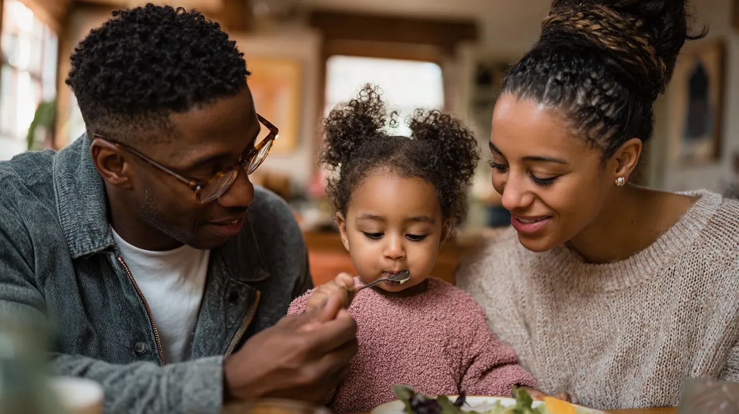 A toddler being fed by a parent at the family table while learning to chew new textures