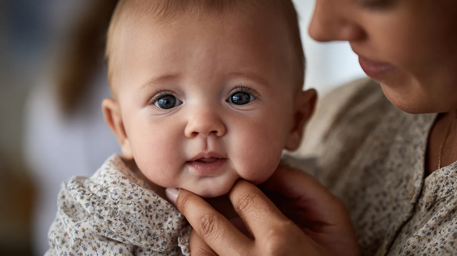 Hands gently supporting a baby's jaw and chin, the kind of hands-on check used in an oral-motor feeding evaluation