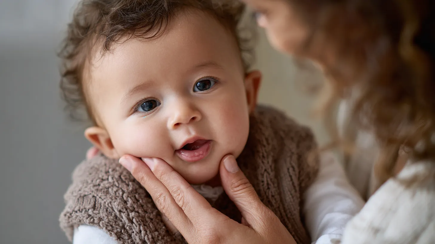 Close-up of a baby's face with an adult's hands gently supporting the jaw and chin