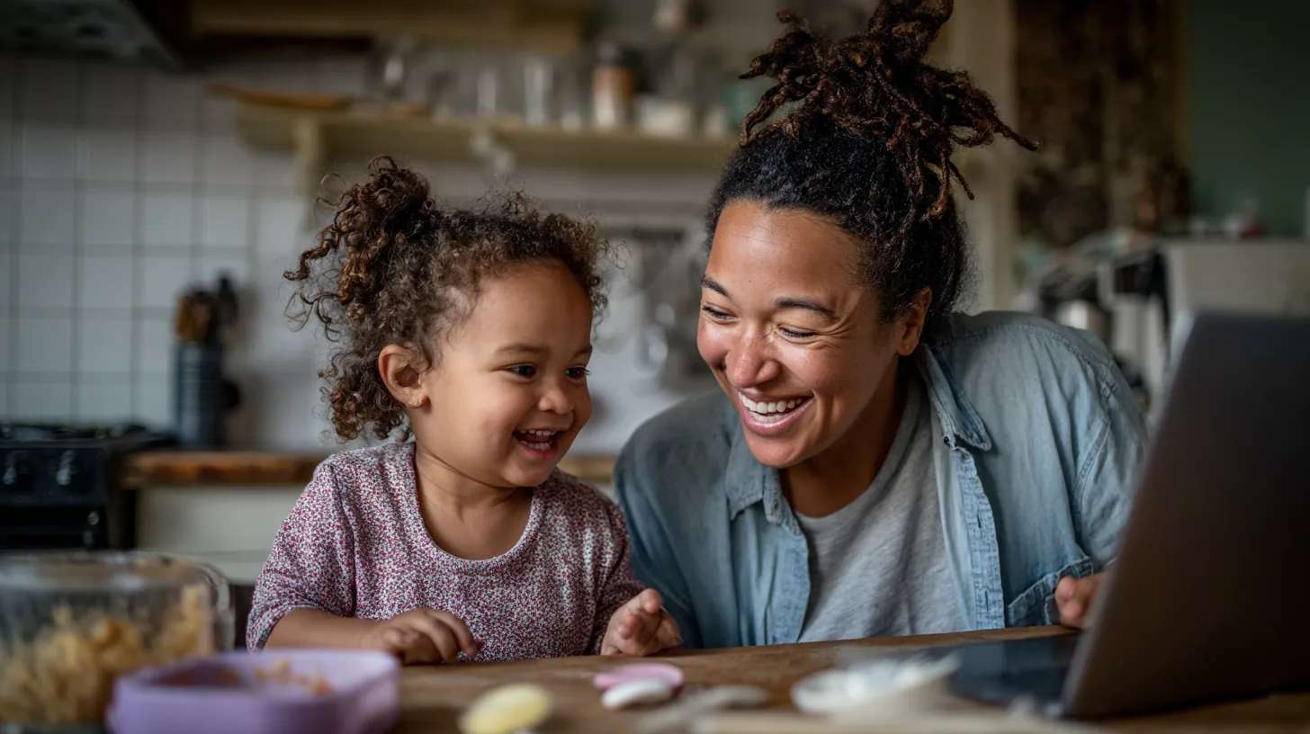 A toddler and parent sitting together at a kitchen table