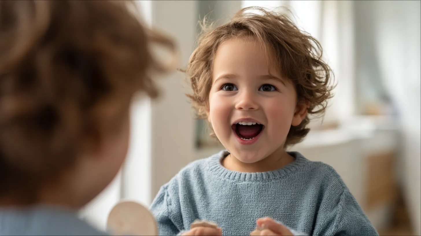 A smiling toddler during a play-based therapy session