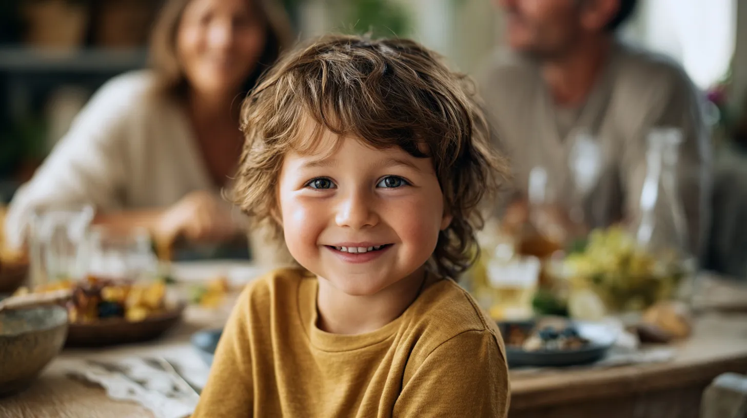 A young boy smiling at a family meal