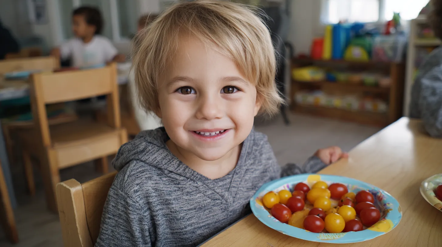 A toddler smiling beside a plate of cut fruit