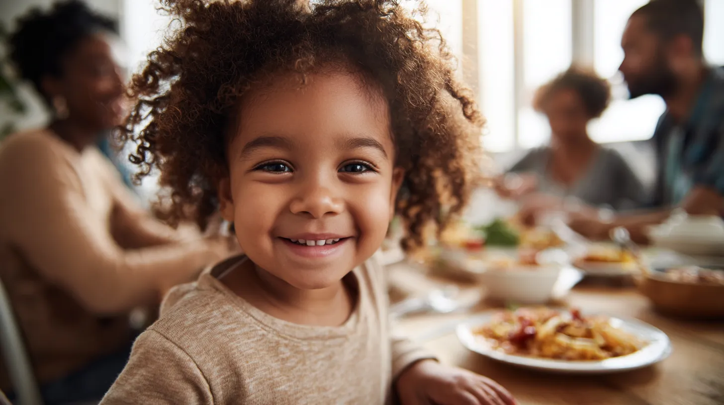 A smiling young girl at a family dinner table with food in front of her