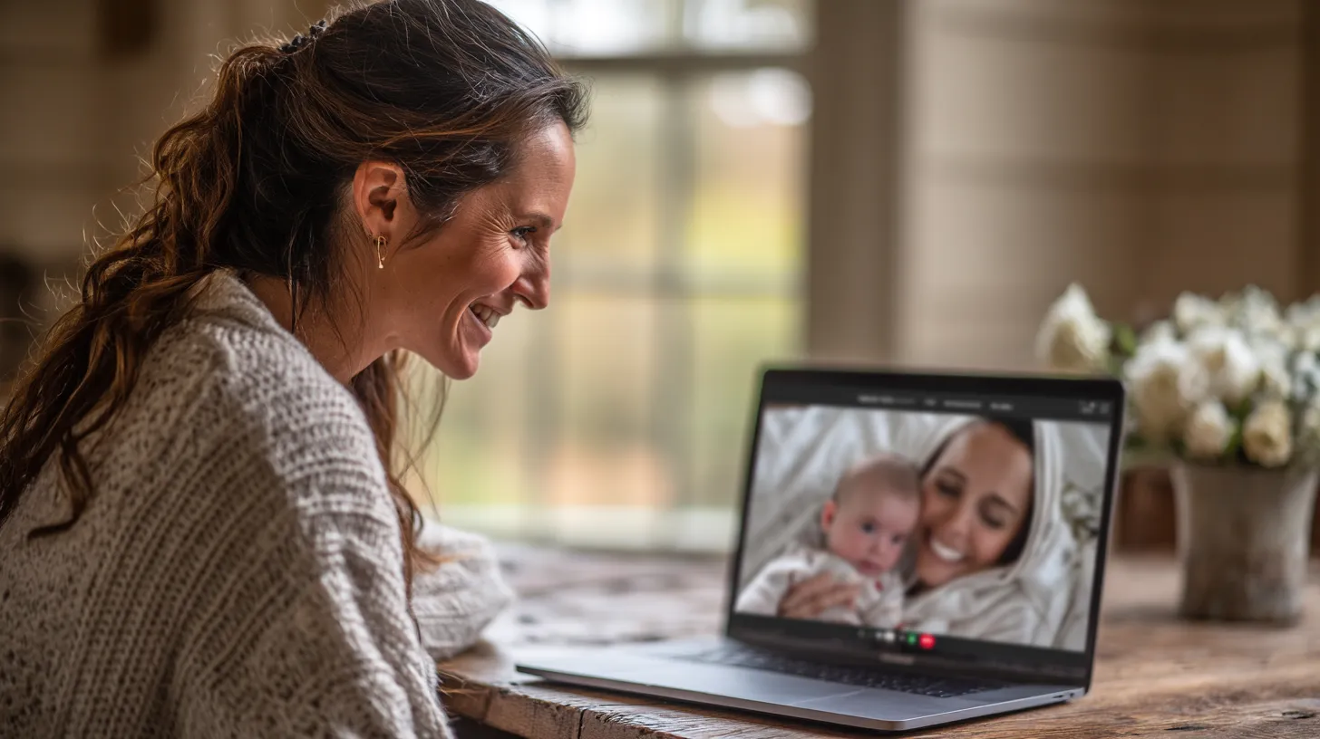 A parent and baby in front of a laptop during a live teletherapy session