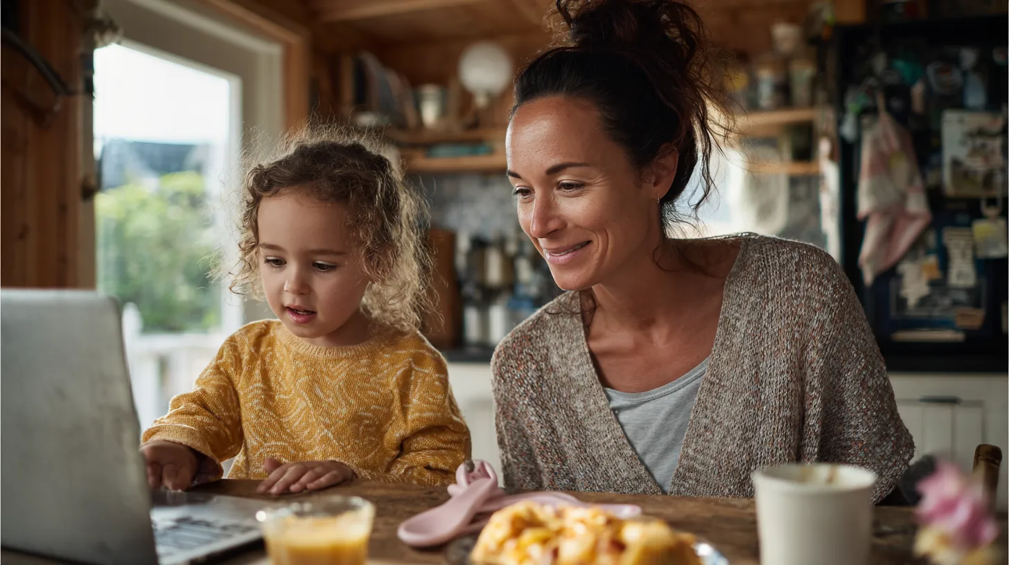 A toddler and parent at a kitchen table with a laptop open for a video session