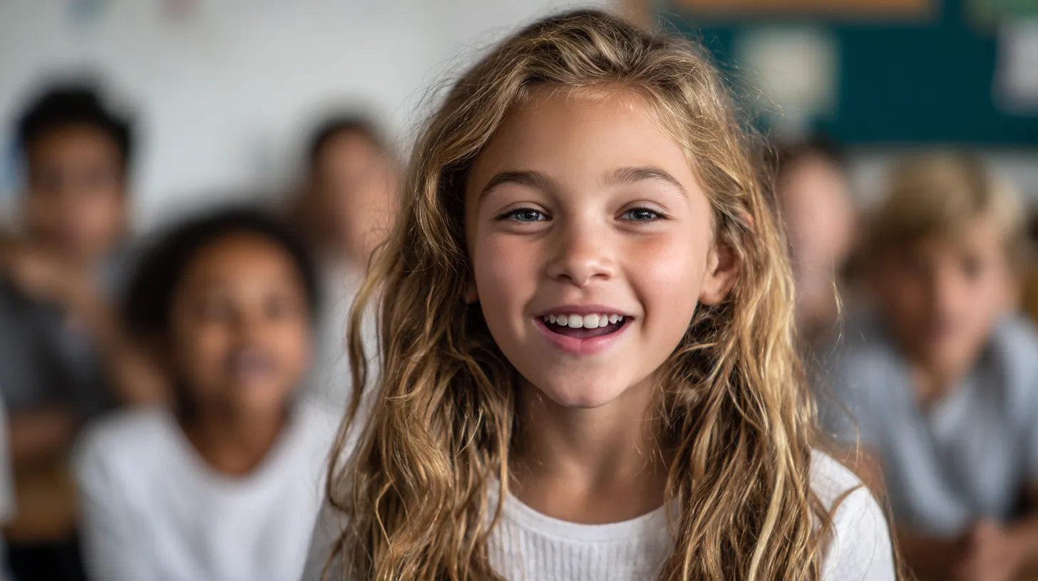A smiling girl sitting with classmates in a school setting