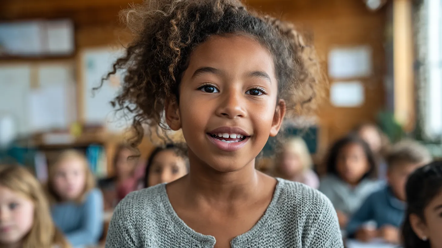 A smiling young girl in a classroom with classmates behind her