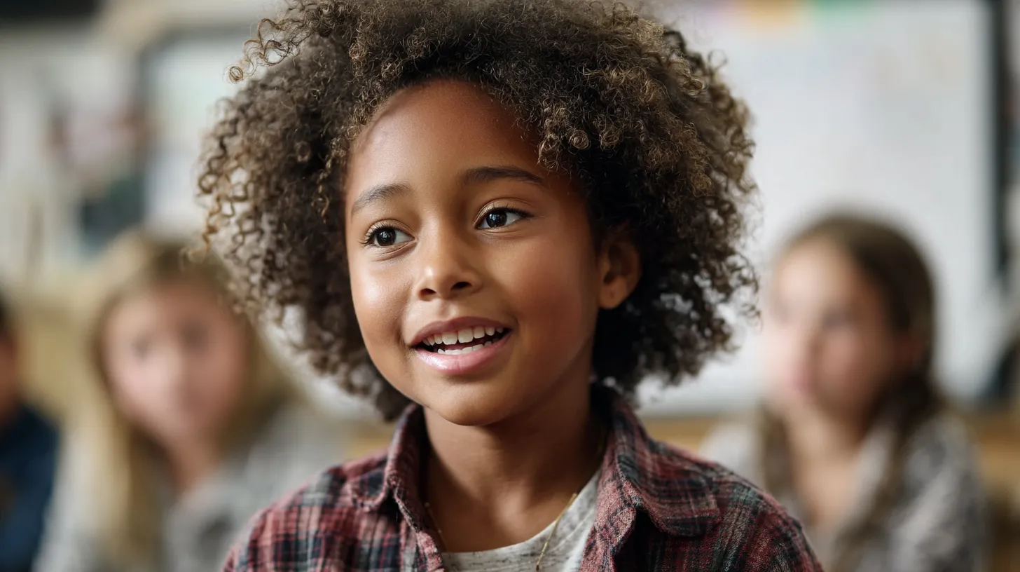 A young child smiling in a classroom