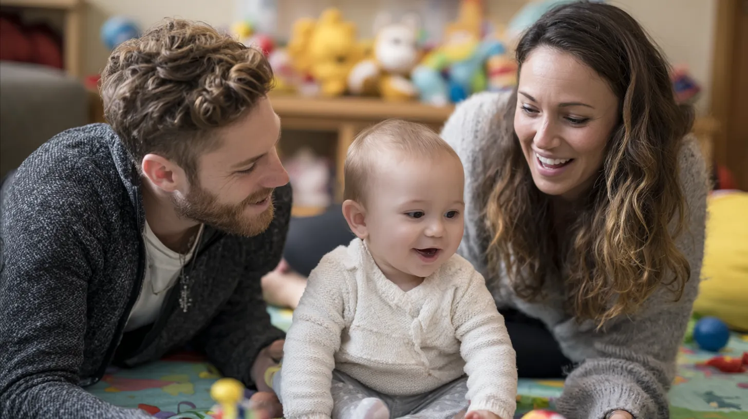 Two parents smiling at their baby at home