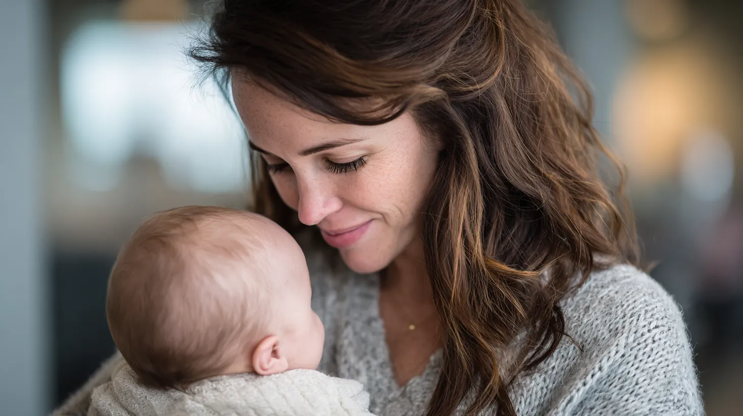 A mother holding her newborn close and smiling
