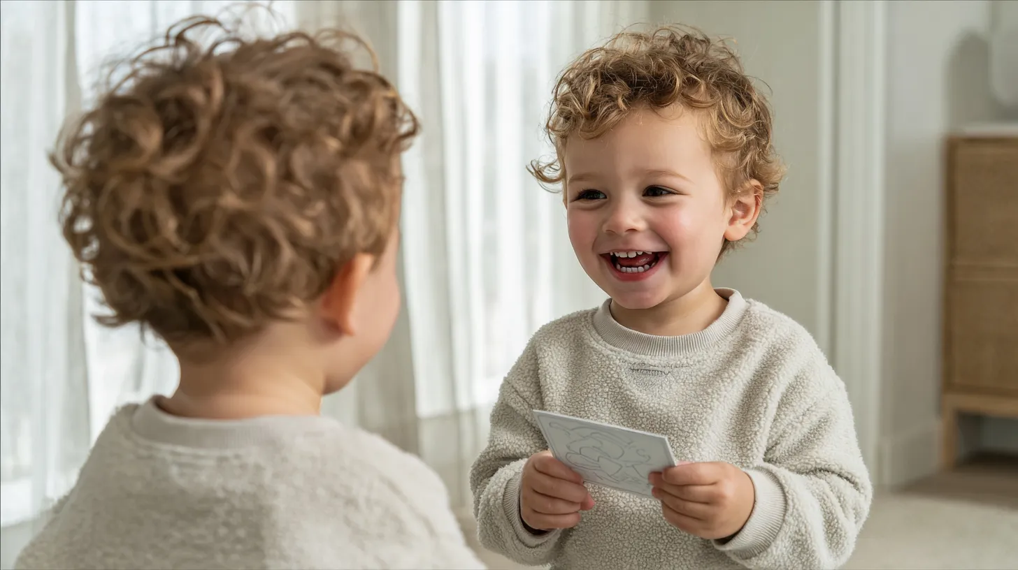 A toddler smiling and holding a picture card during play