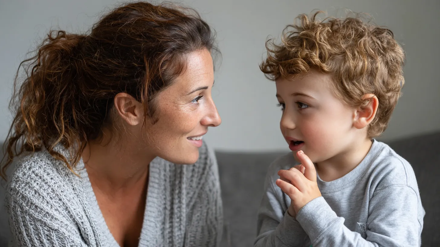 A mother and young son talking face to face at home