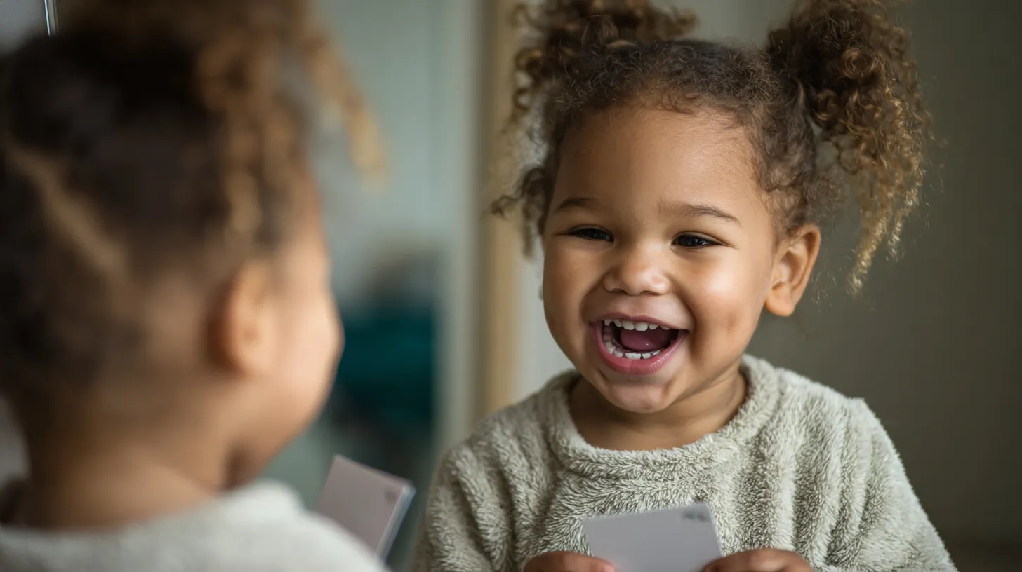 A laughing toddler holding a card during a play-based session