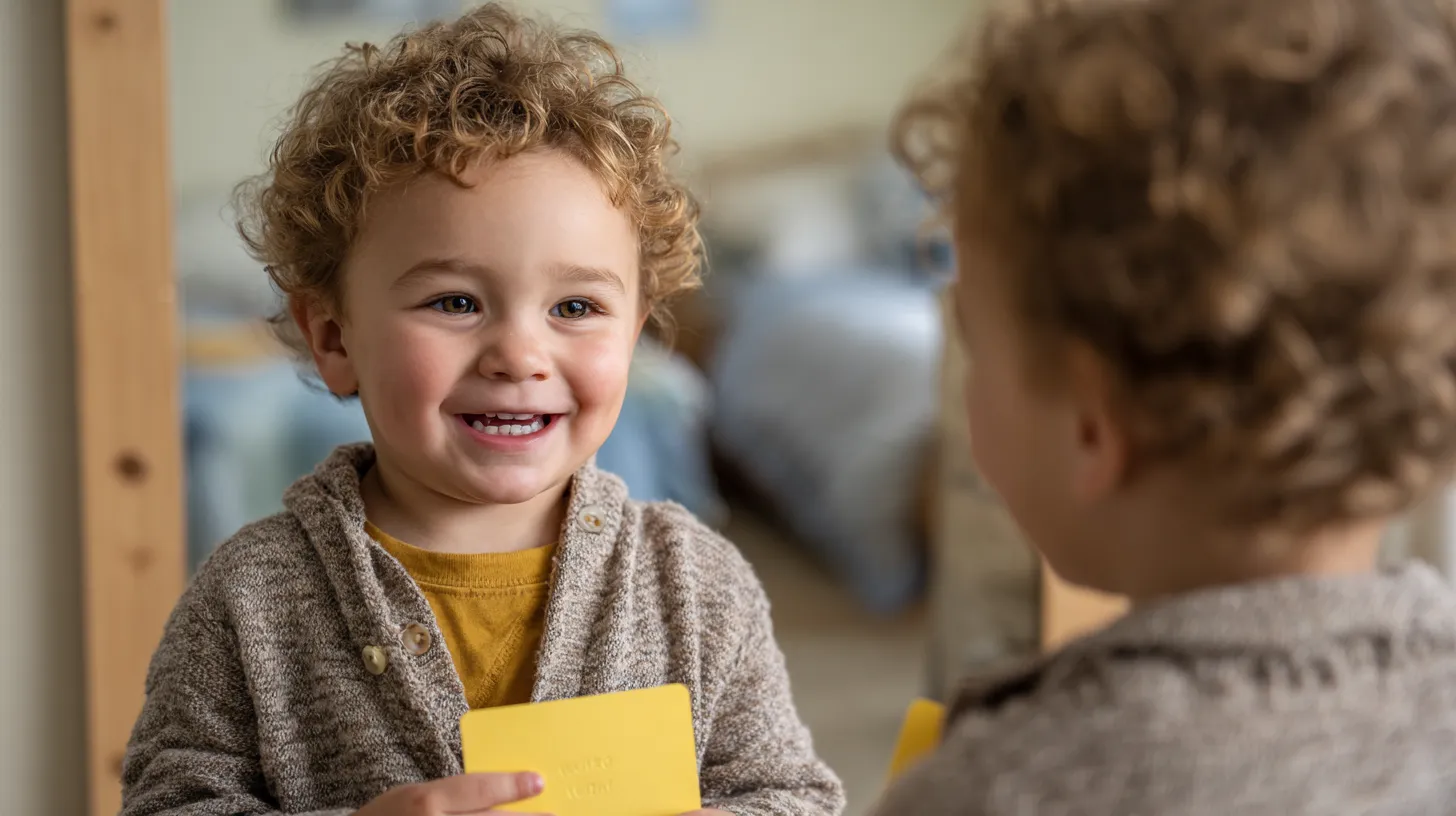 A toddler smiling and holding a card during a therapy session