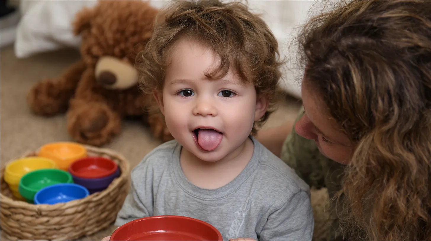 A toddler sticking out his tongue playfully during a play-based therapy session