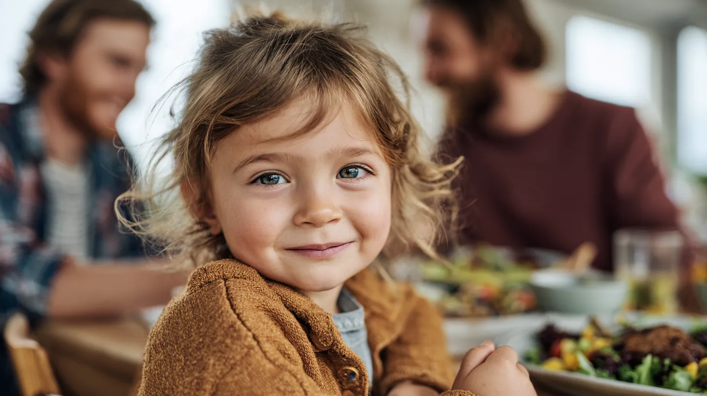 A young girl smiling at a family meal