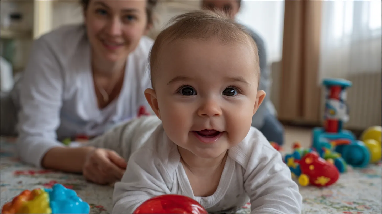 A smiling baby lifting their head during tummy time on a play mat