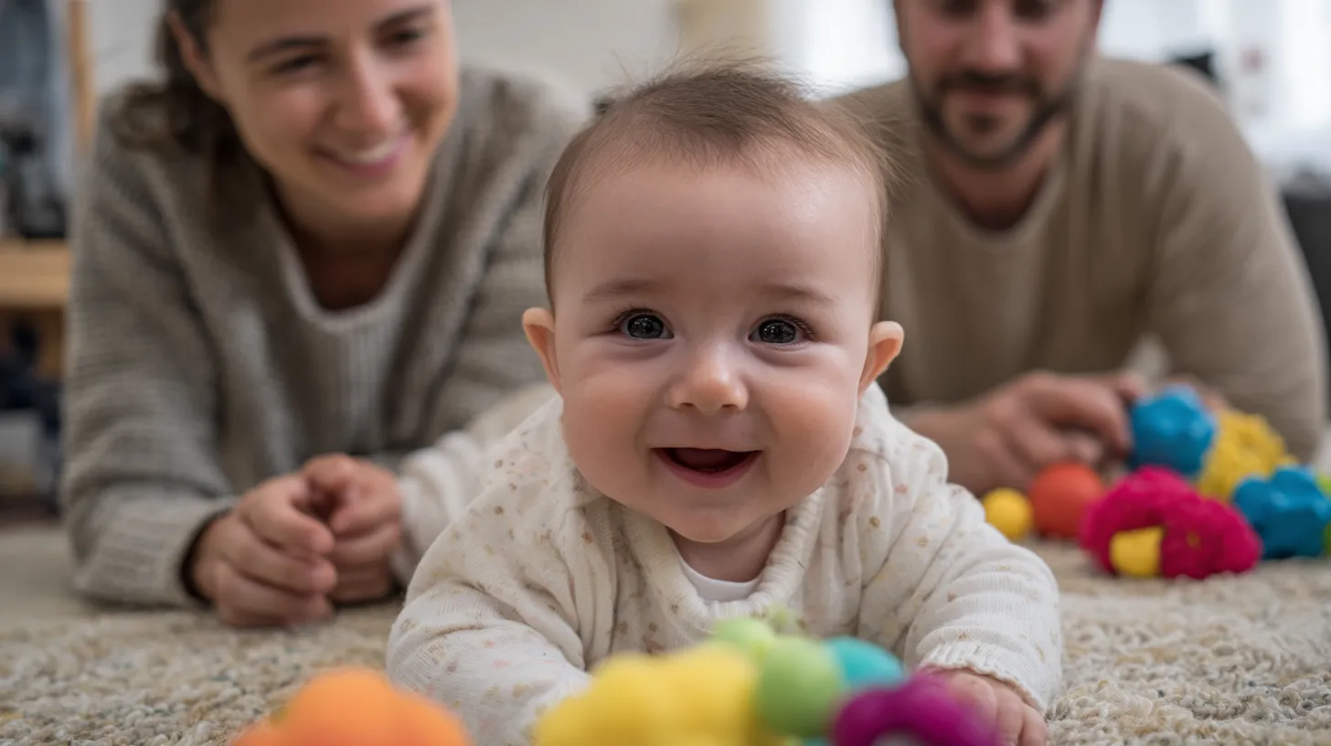 Two parents lying on the floor smiling at their baby during tummy time