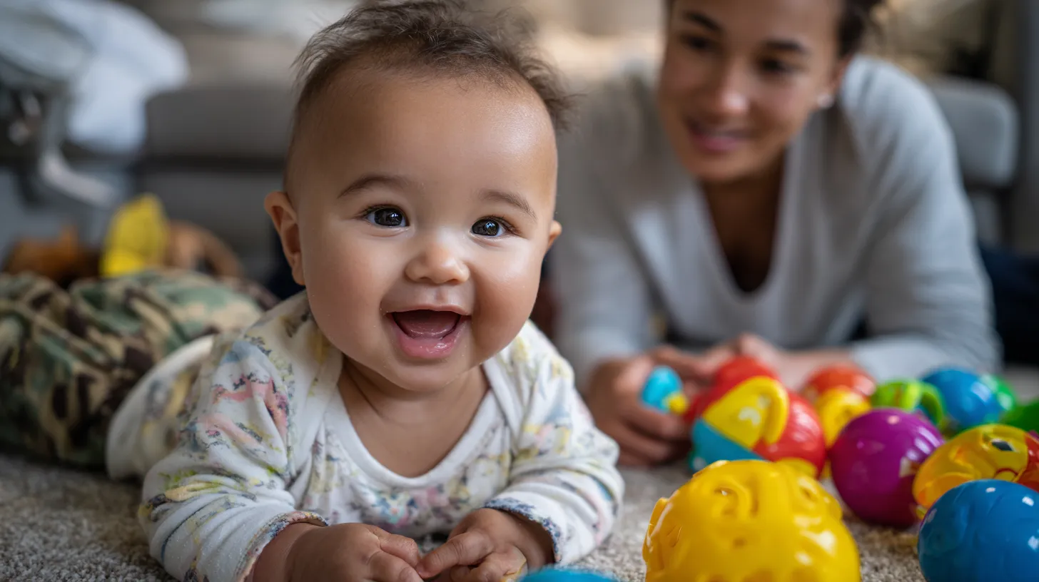 A happy baby on their tummy surrounded by colorful toys, with a parent nearby