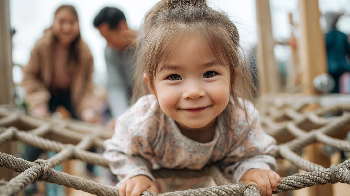 A smiling young child climbing a rope net in a therapy gym